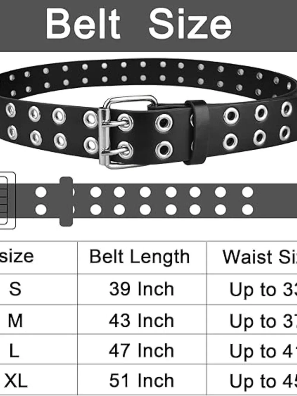 Women's Black Leather Grommet Belt with Double Holes‎ Size Large